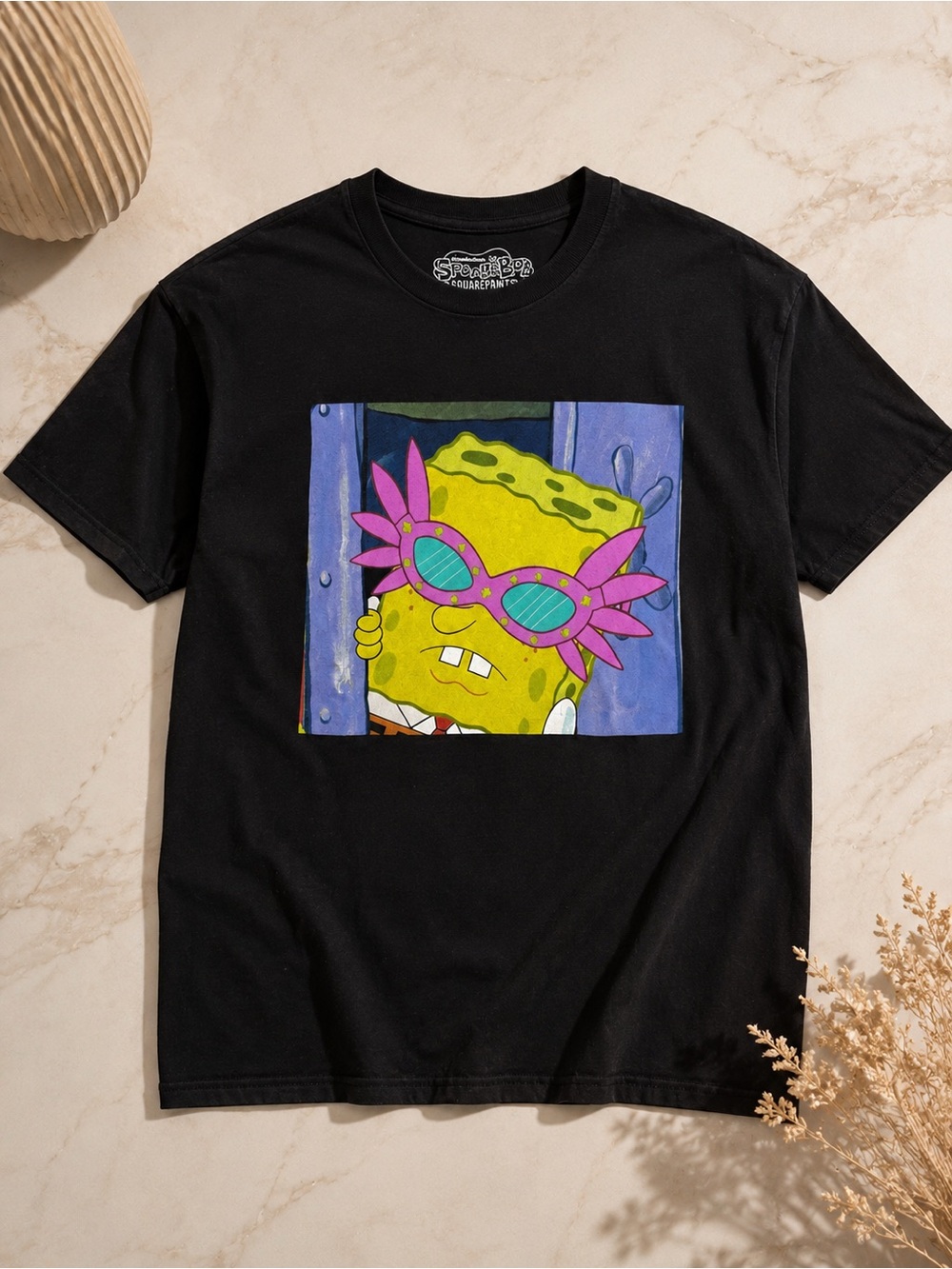 Nickelodeon Black SpongeBob Graphic Tee with Pink Sunglasses Y2K